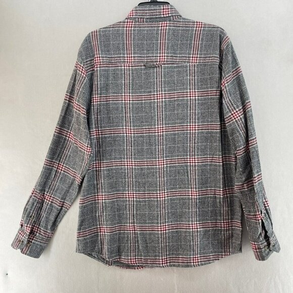 Distortion Button-Up Shirt Men's Sz L Gray Red Plaid Collared Chest Pockets - Picture 2 of 8